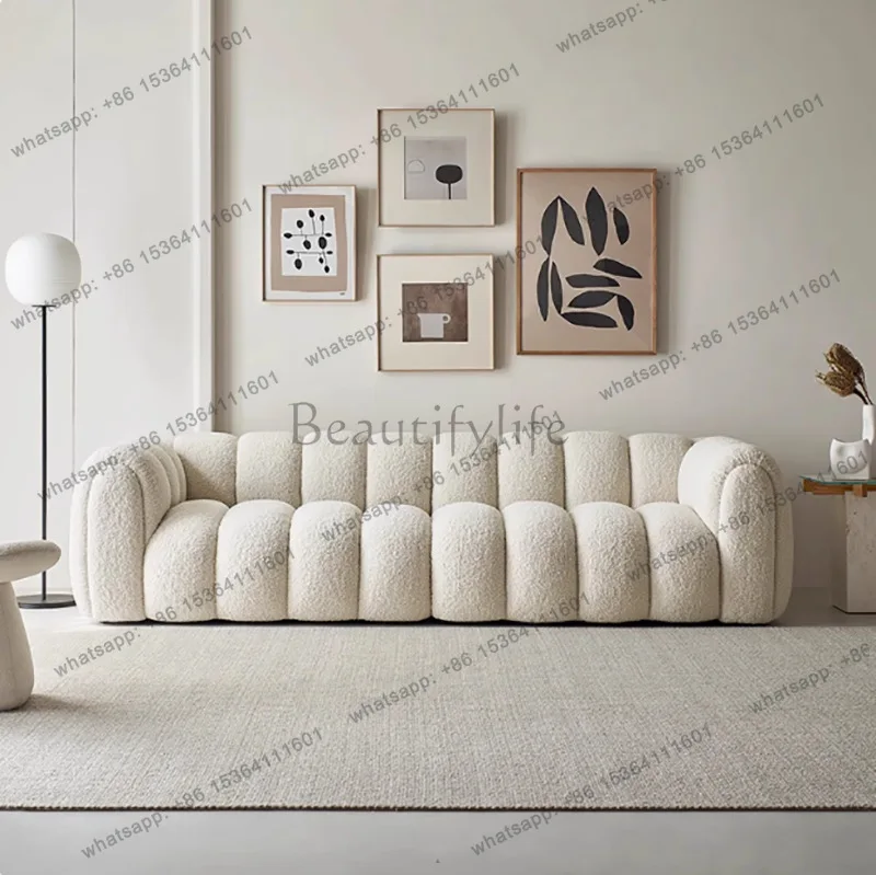 French cream marshmallow fabric lamb wool straight row cloud sofa bed