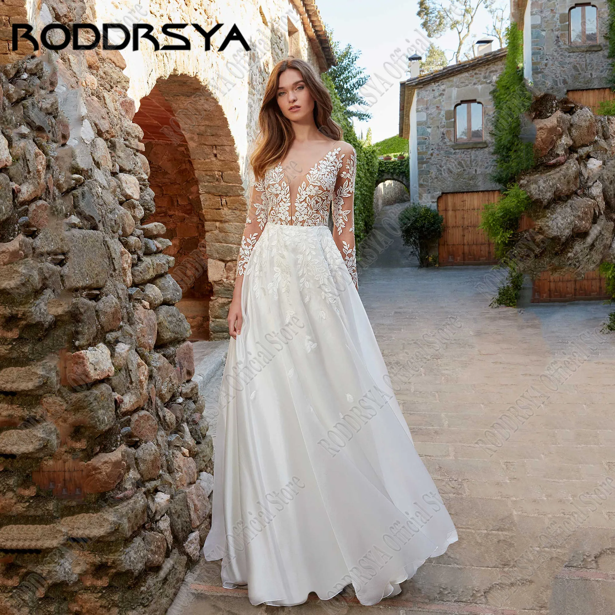 

RODDRSYA Lace Civil Wedding Dress For Women Long Sleeves Applique Bride Gowns A-Line Backless Vestidos De Novia Sweep Train