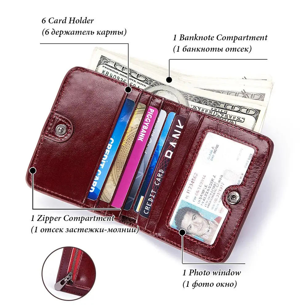 100% Genuine Leather Women\'s Wallet Small Mini Hasp Purse New Fashion Short RFID Blocking Card Holder With Zipper Coin Pocket