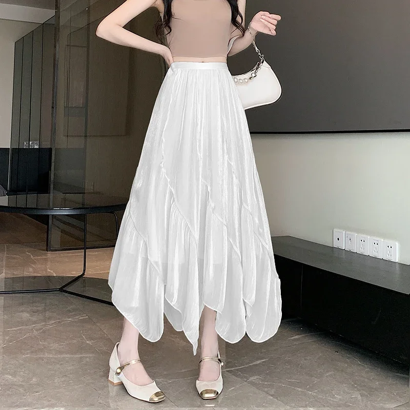 Shimmer Chiffon Skirt with Draped Asymmetry Women High Waist A-Line Midi Skirt in Blush Pink, Elegant Style for Spring Summer