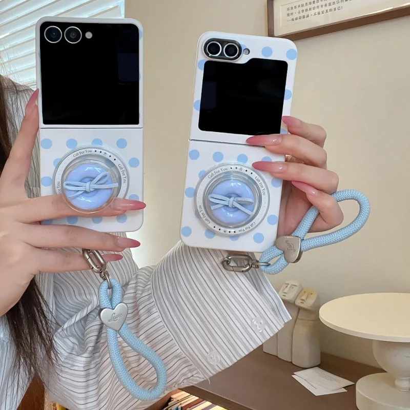 Korean Polka Dot Magnetic Cute Phone Case For Samsung Galaxy Z Flip 7 6 5 Z Flip7 Flip6 Cover with Magsafe Stand Kawaii Cases