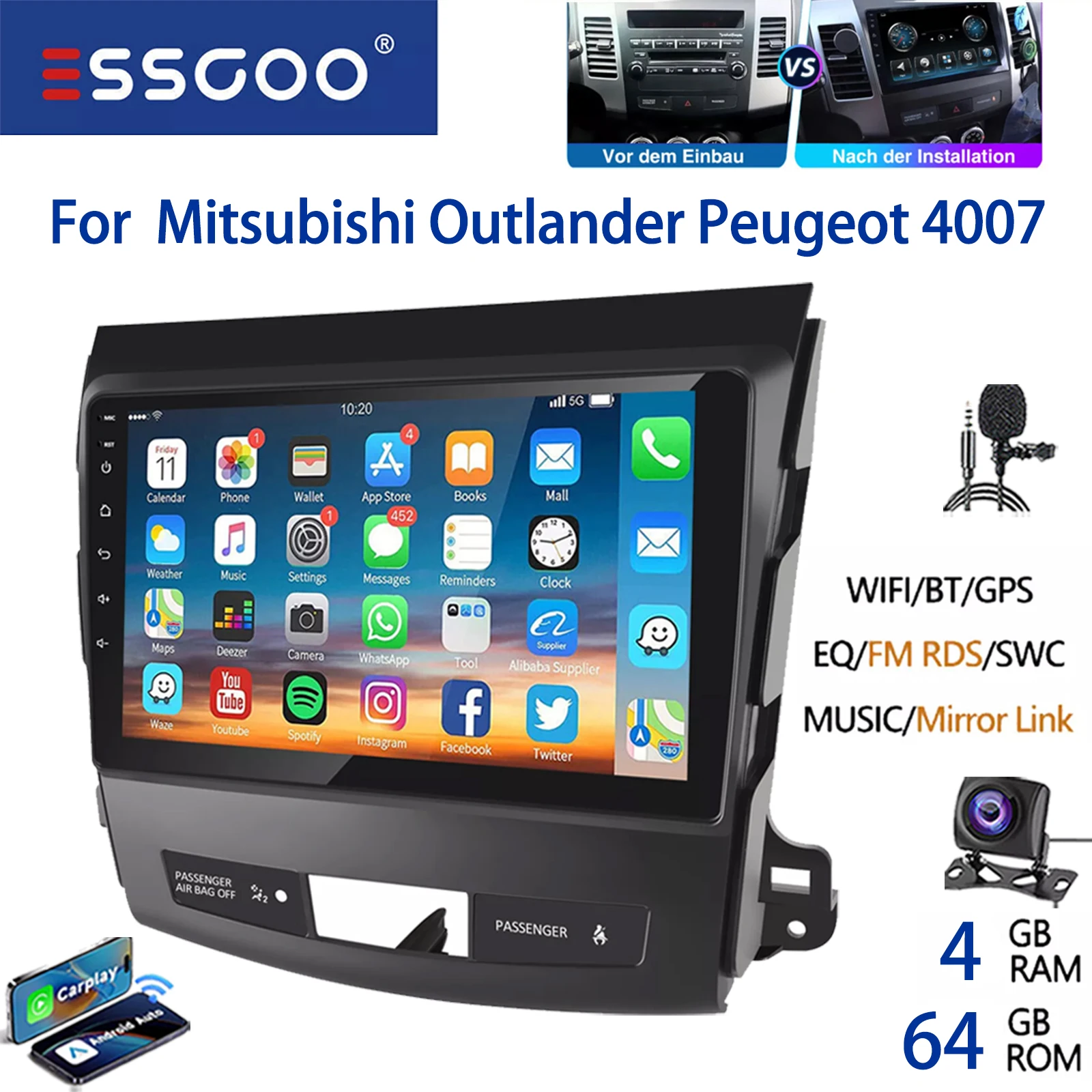 Autoradio ESSGOO Android 15 9 Inch 32G/64G voor Mitsubishi Outlander II 2006-2012 Peugeot Draadloze CarPlay Android Auto GPS Navigatie WiFi FM RDS Bluetooth Stuurwielbediening Mirror Link IPS