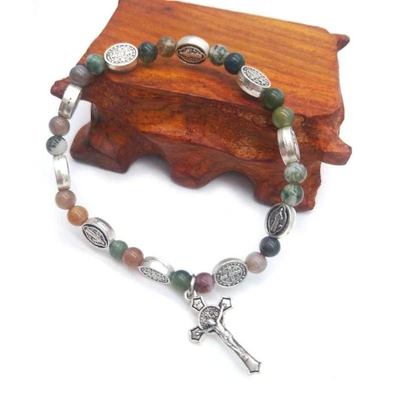 Natural Stone Agate-Religious Cross-Bracelet Christian Beaded Bangle with Crucifix Medal-Sacred Gift for Teen