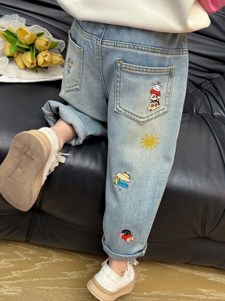 

Джинсы с героями мультфильмов для девочек, весенне-осенние повседневные свободные длинные брюки в стиле Харадзюку, детская модная детская одежда