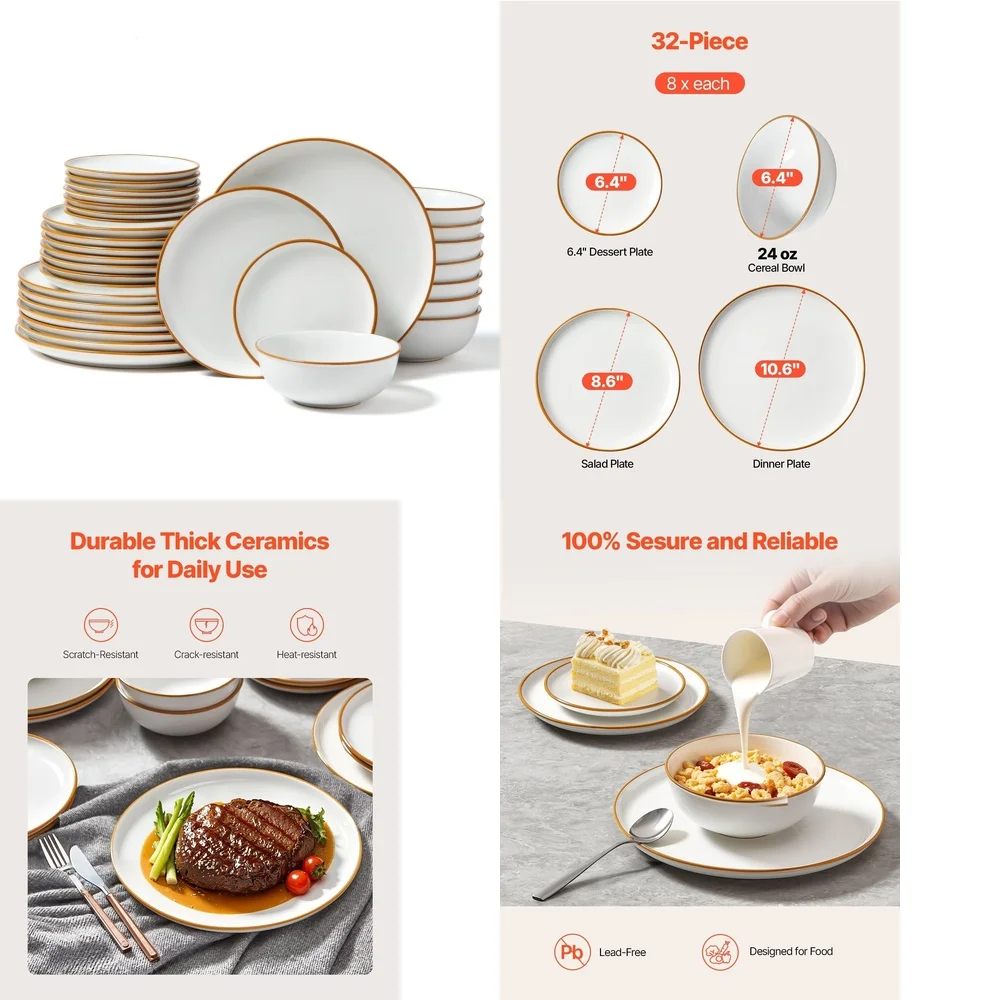 

Набор керамической посуды, белый керамический набор посуды из 32 предметов на 8 включает тарелки, миски и посуда.