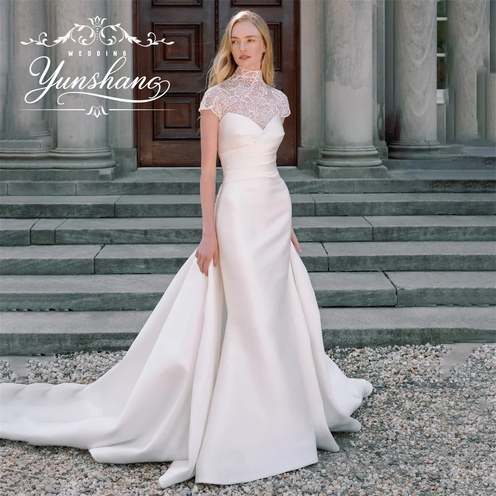 

YunShang свадебное платье русалки по индивидуальному заказу с круглым вырезом и скользящим шлейфом со съемной кружевной вышивкой и аппликацией с коротким рукавом, элегантное простое