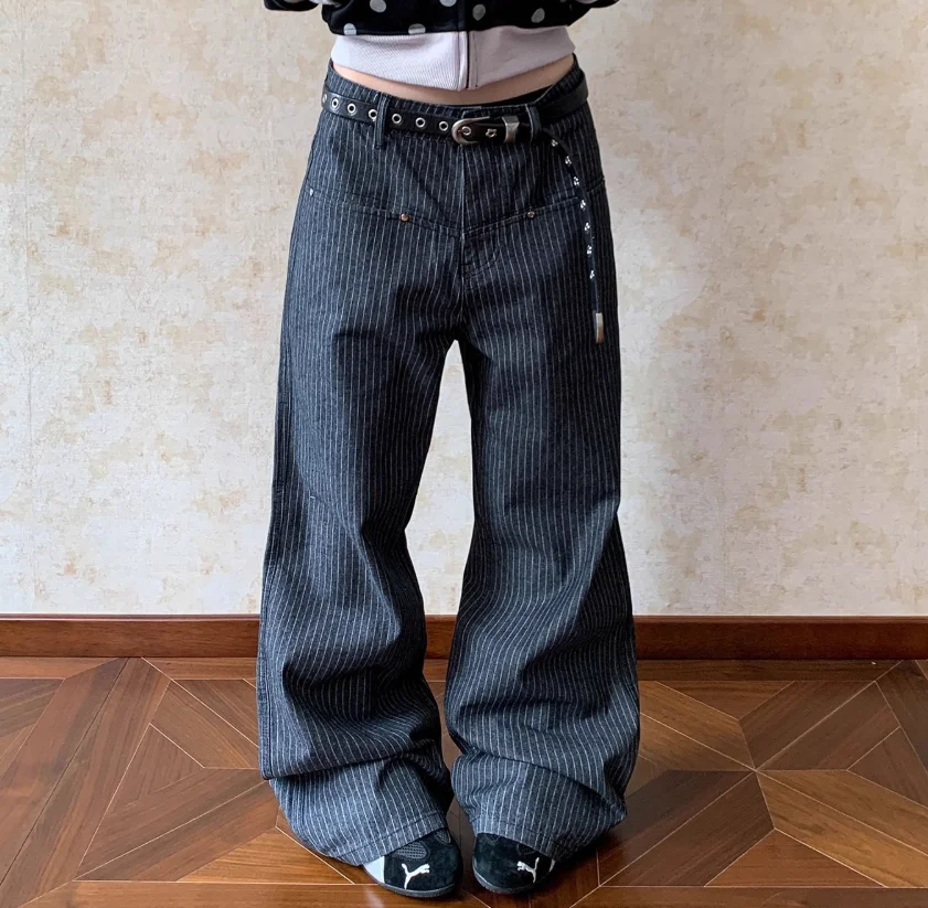 

Дизайнерские женские повседневные брюки в полоску контрастного цвета, свободные драпированные брюки с широкими штанинами, свободные женские брюки, новые джинсы w76