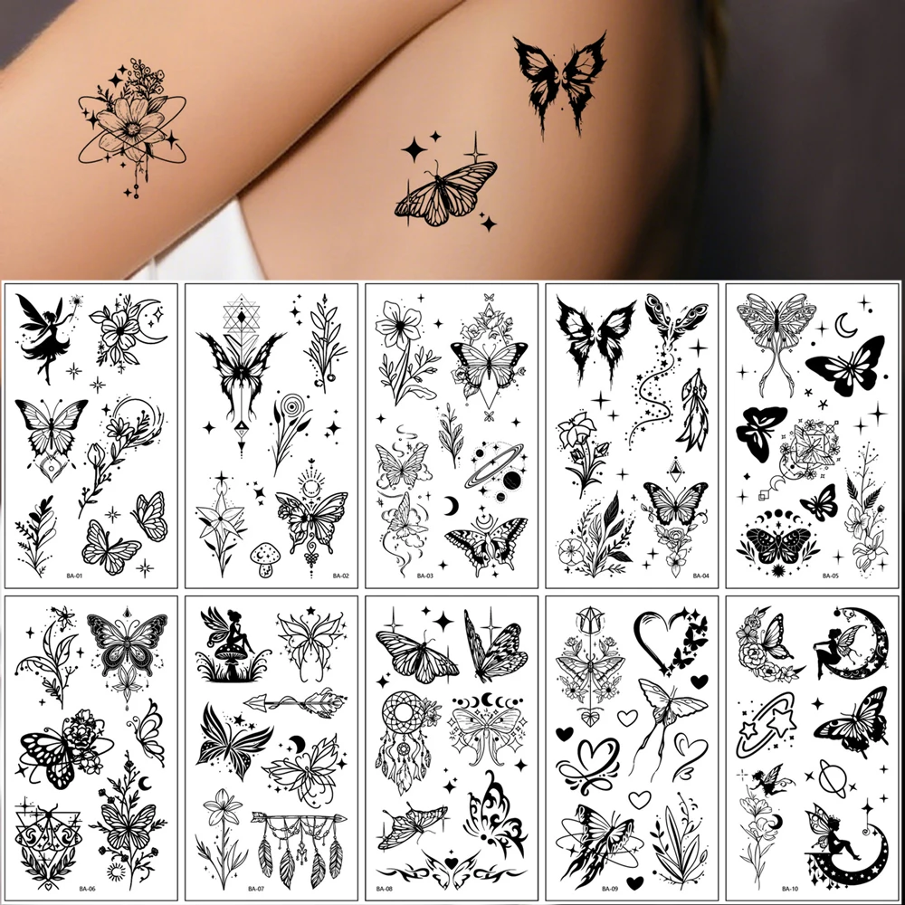 10 pièces Sexy fleurs noires tatouages temporaires pour femmes Art corporel imperméable papillon faux tatouage pour main bras tatouage autocollants