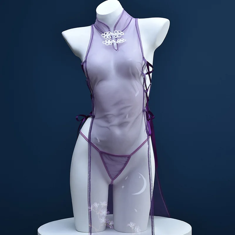 

Chinese Style Lingerie Set - Sexy Cheongsam Bandage Dress with Lotus Edge & Side Slits (New Arrival)