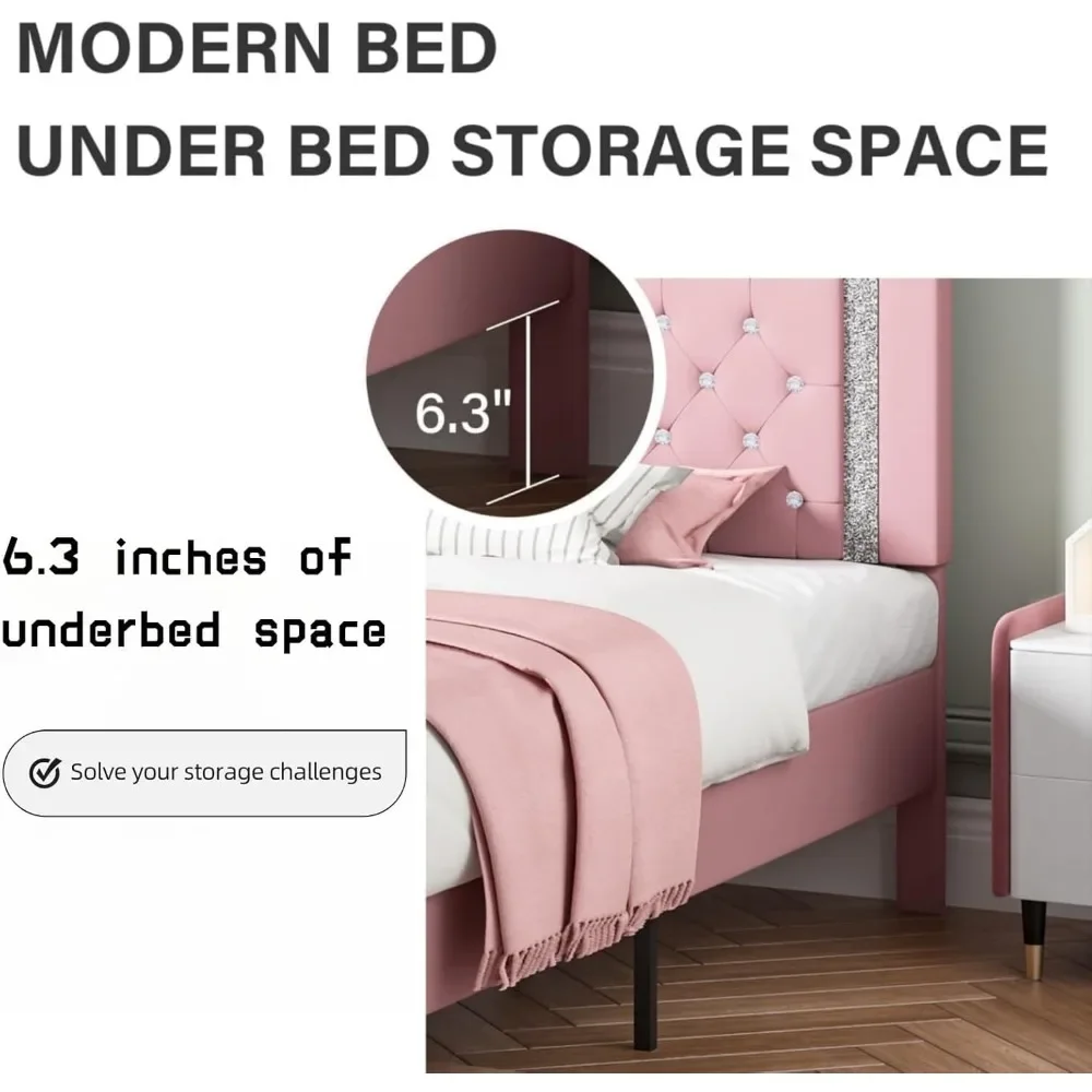 إطار مع لوح رأسي معنقدة بزر، إطار سرير بمنصة منجدة بتصميم ماسي، دعم شريحة خشبية