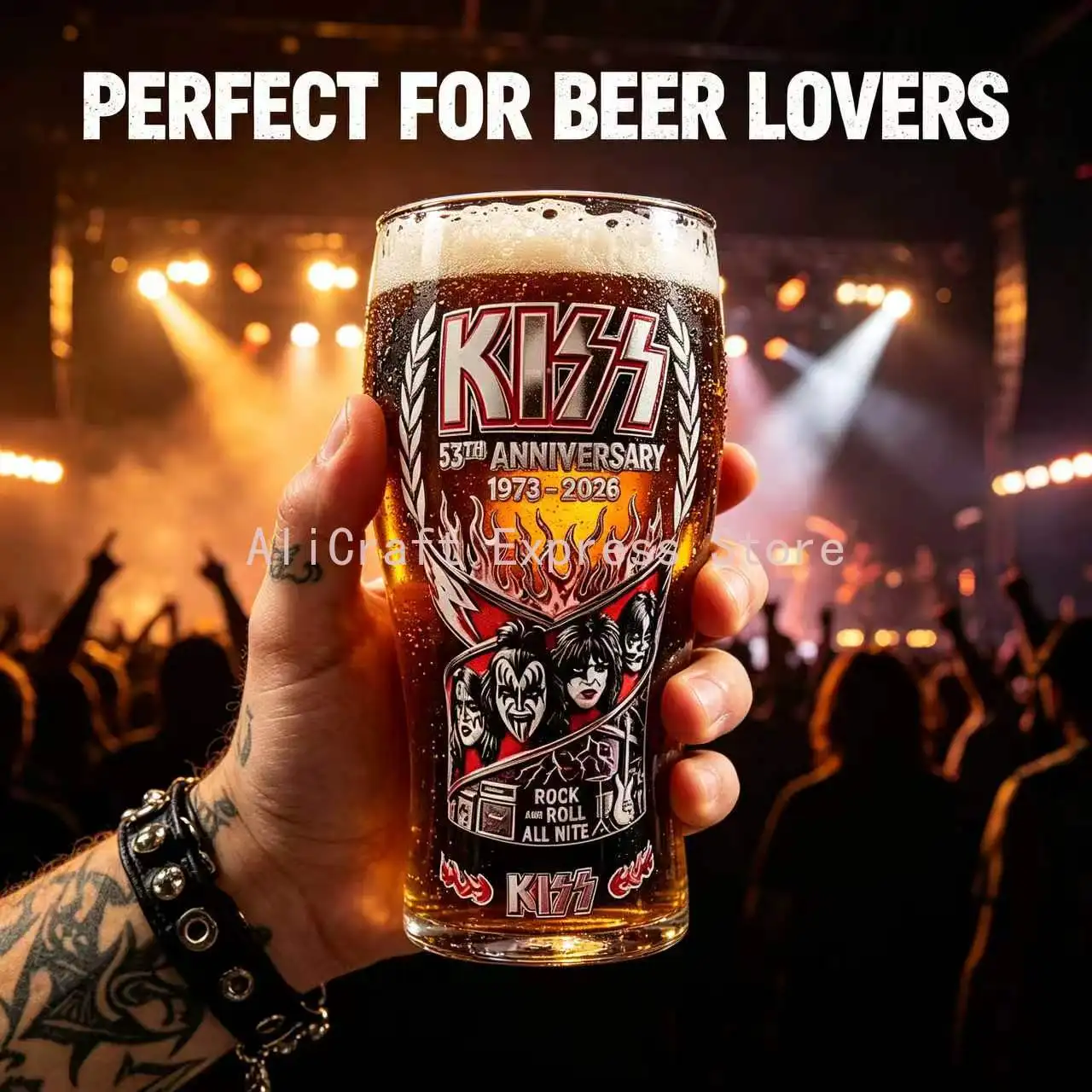 KISS 1973-2026 53rd Anniversary Beer Glass Cup Rock Band Souvenir Fan Mug Bar Drinking Glass Collectible Gift for Music Lovers