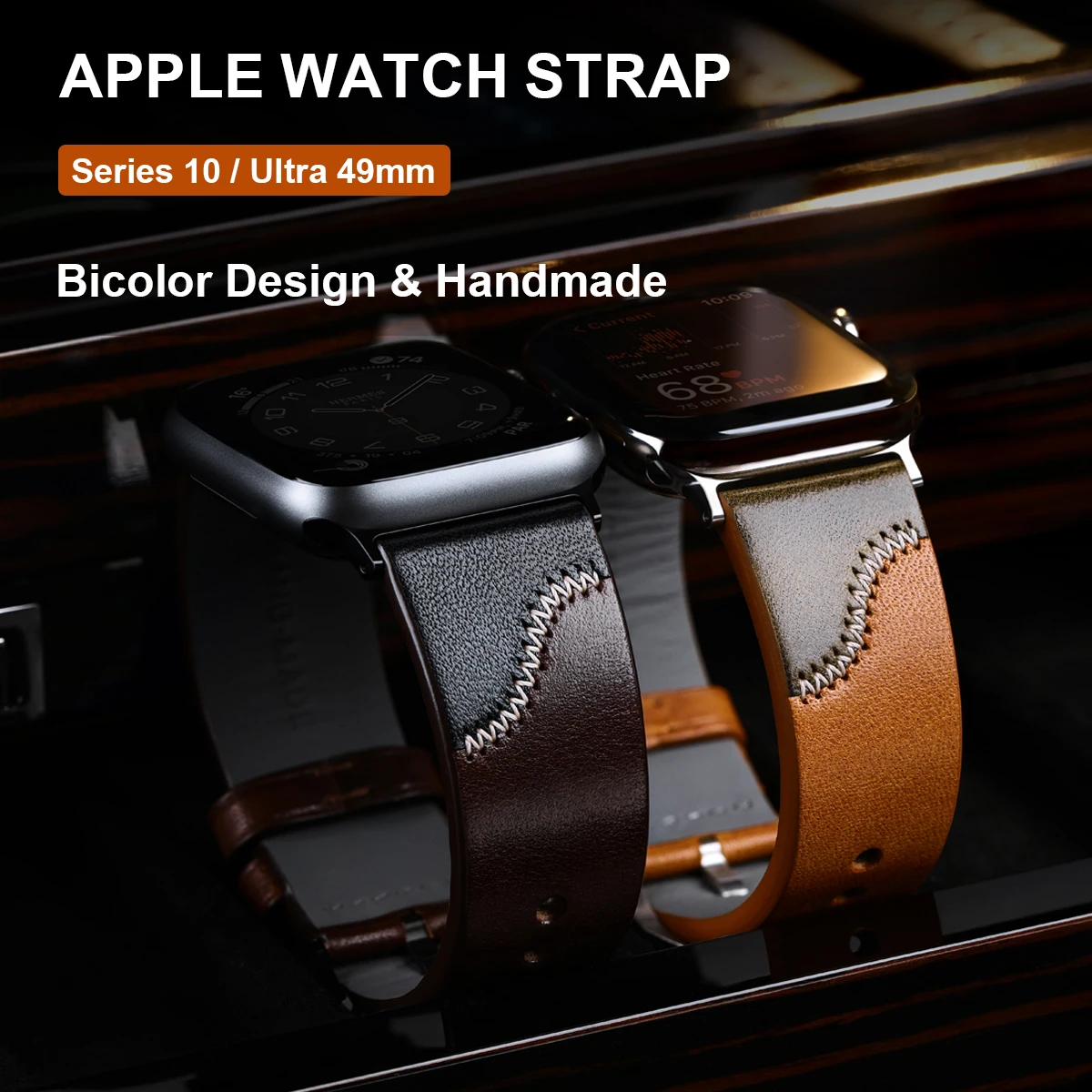 Luxury Bicolor Leather Strap For Apple Watch, Ultra 49mm, Series 10, 46mm, 42mm, 45mm, 44mm, 41mm, 40mm, Handmade Watch Band