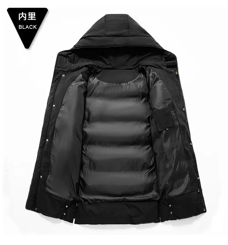 Men Mid Long Hooded Padded Cotton Jacket Plus Size Thick Warm Quilted Winter Coat Drawstring Hood Casual Cold Weather Outerwear
