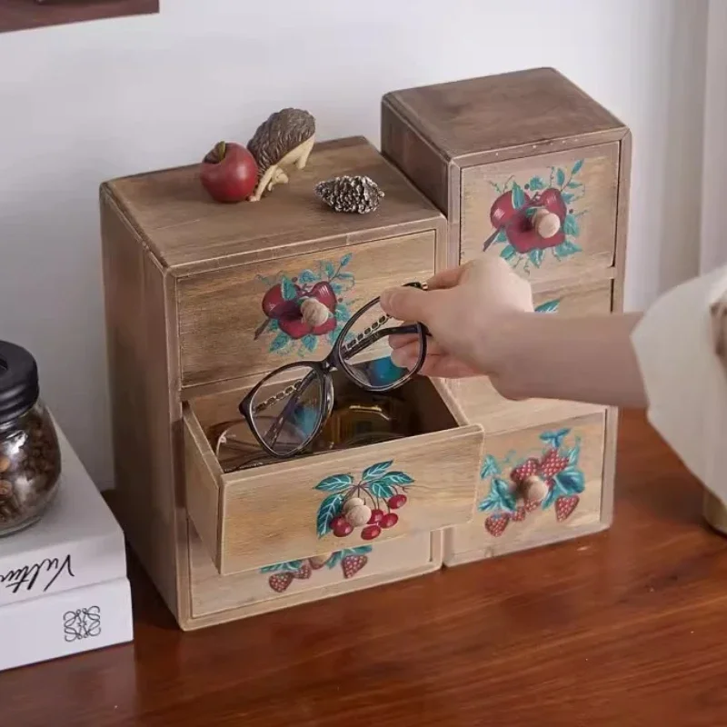 Farmhouse Solid Wood Storage Box, Vintage Painted Desktop Organizer, Rustic Jewelry Storage & Fruit Display Tray