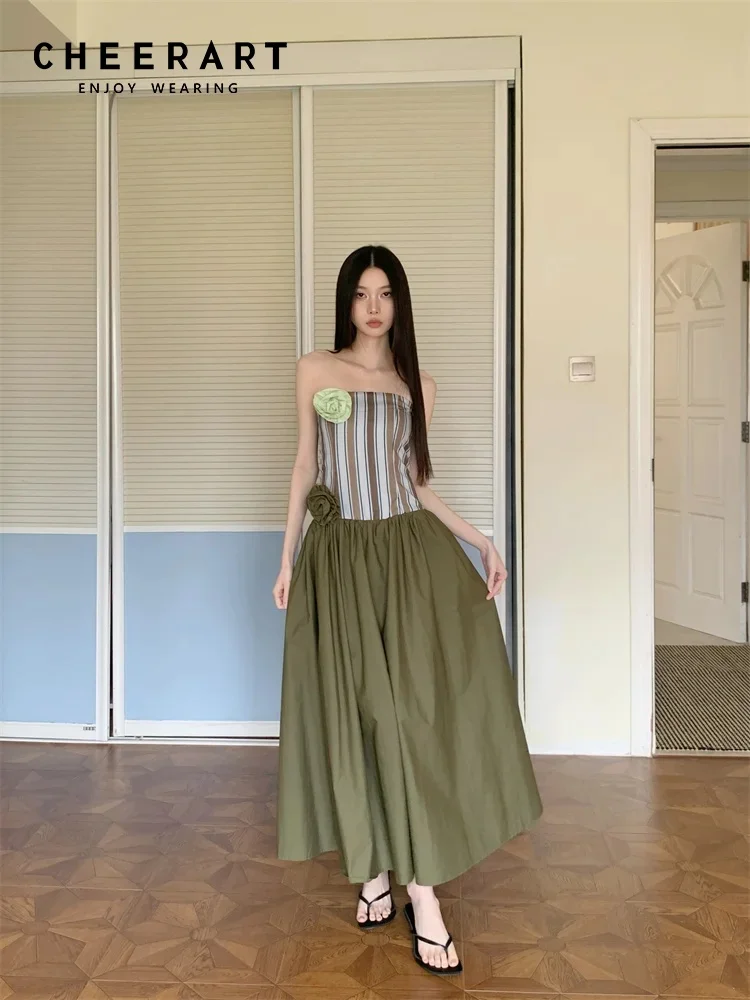 Sukienki CHEERART w paski, patchworkowe, bez ramiączek, długie, 2025, damskie aplikacje, zielona suknia balowa, designerska sukienka midi, odzież