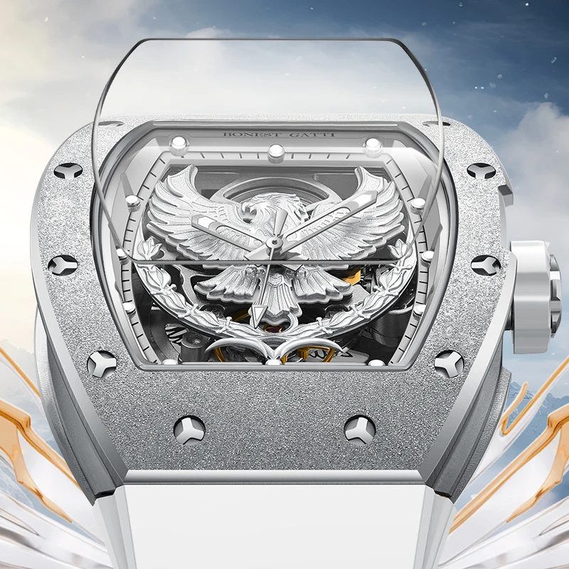 Bonest Gatti New Eagle Watch هيكل من الفولاذ المقاوم للصدأ وحزام مطاطي ساعة ميكانيكية فاخرة للرجال