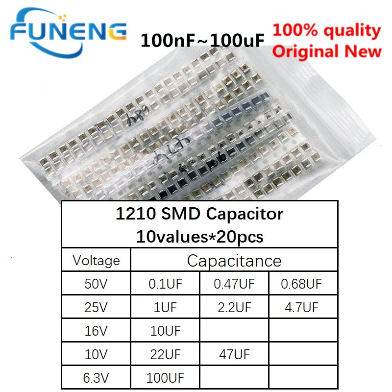 

Набор конденсаторов SMD 1210, 10 значений * 20 шт = 200 шт. 100 нФ ~ 100 мкФ, набор образцов, электронный набор «сделай сам»