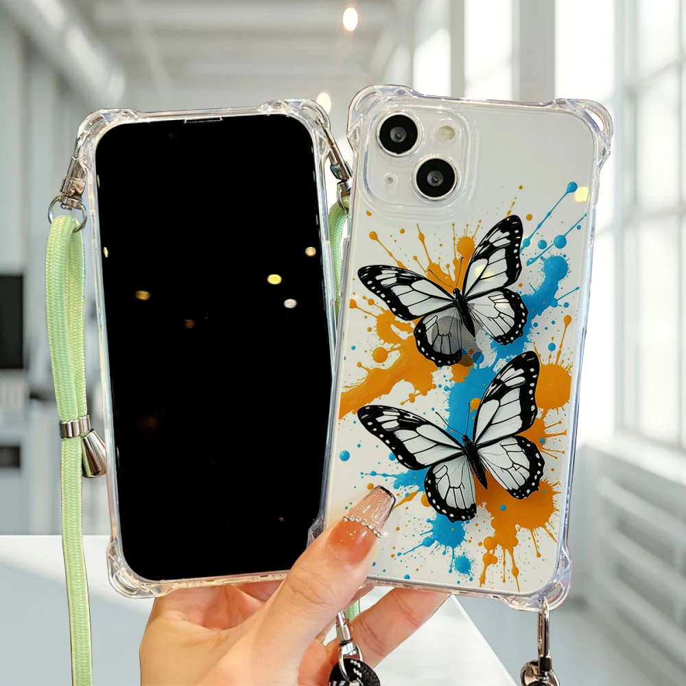 Beautiful butterfly print Collection Suitable for iPhone 16 Case Portable Four Corner Drop Protection Equip with hanging rope D#