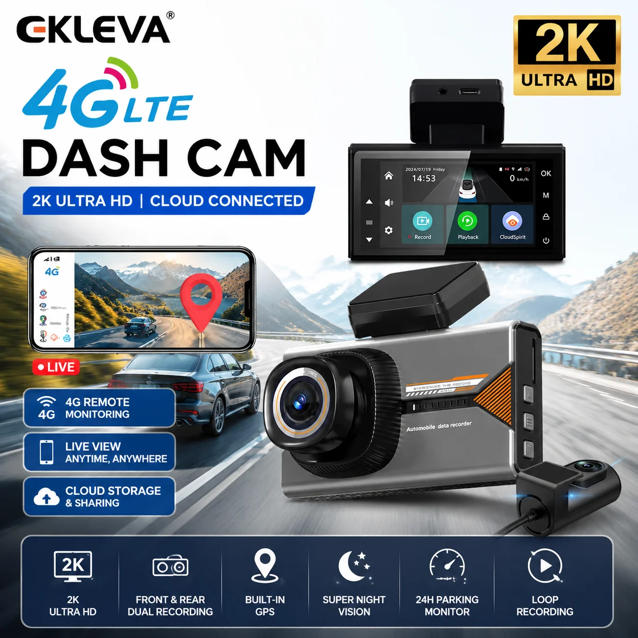 4G 2K Front and Rear Dash Cam WiFi 3 Inch IPS Car Video Camera Night Vision 24H Parking Mode APP Remote DVR Live Video Check on