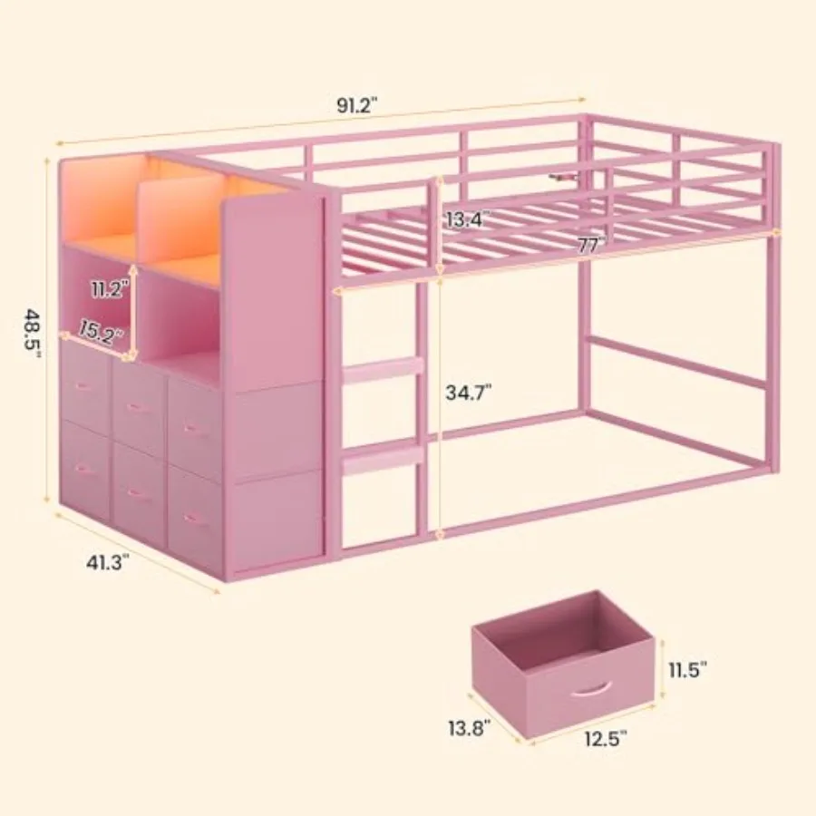 Low Twin Over Twin Bunk Bed with 6 Storage Drawers, Built-in LED Lights, Modern White Finish for Bedroom Use