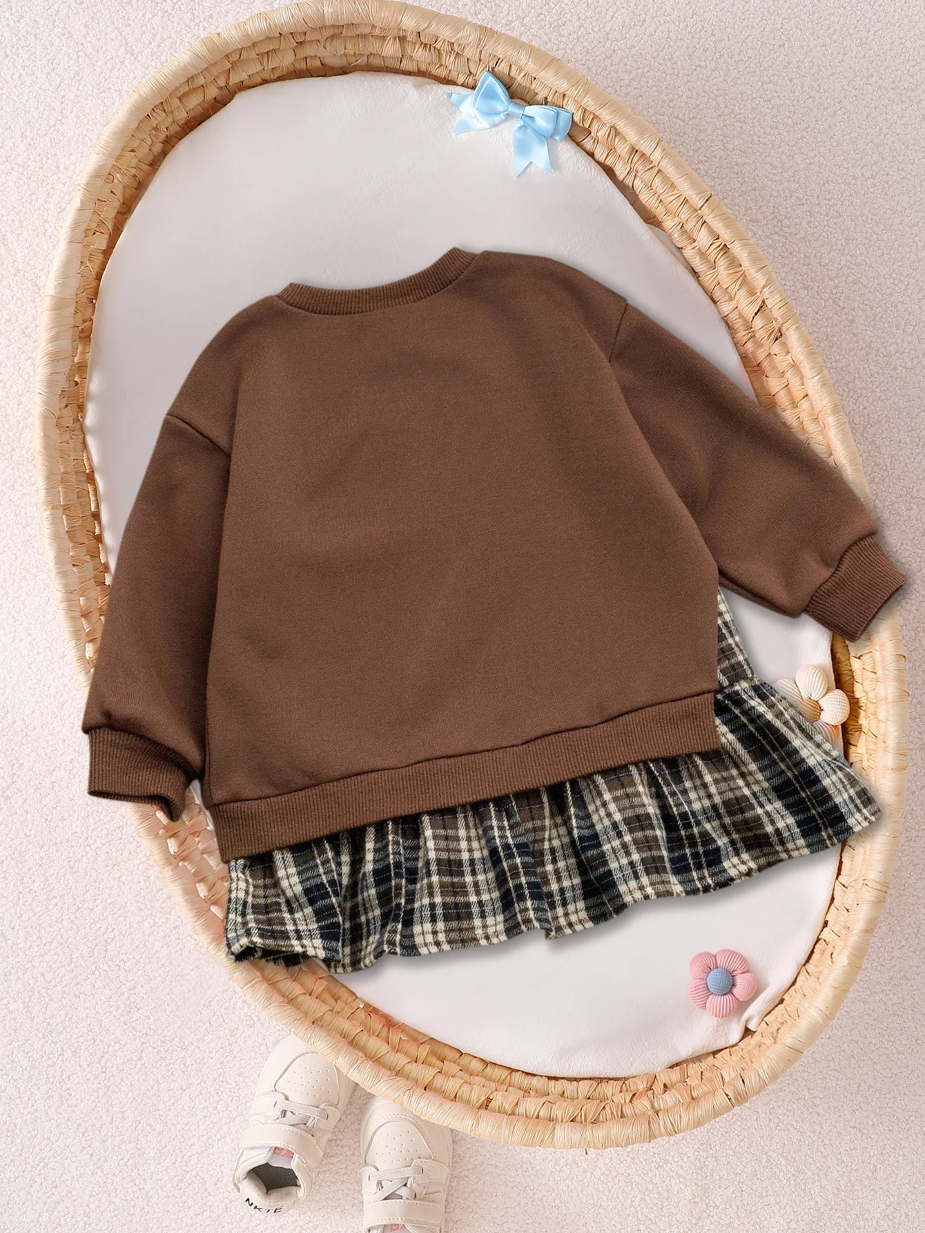 1-Piece Set: Baby Girl Spring and Autumn Thin Dress Outfit, Simple Pullover Long-Sleeve Top with Irregular Hem, Plaid Pattern, Color-Matched Faux Two-Piece Dress, Cute and Fashionable Princess Dress for Girls, Newborn Birthday Gift, Comfortable and Soft, Suitable for 0-1-2-3 Years Old, 6-9 Months, Suitable for Outdoor, Casual, Party, Festival Gifts