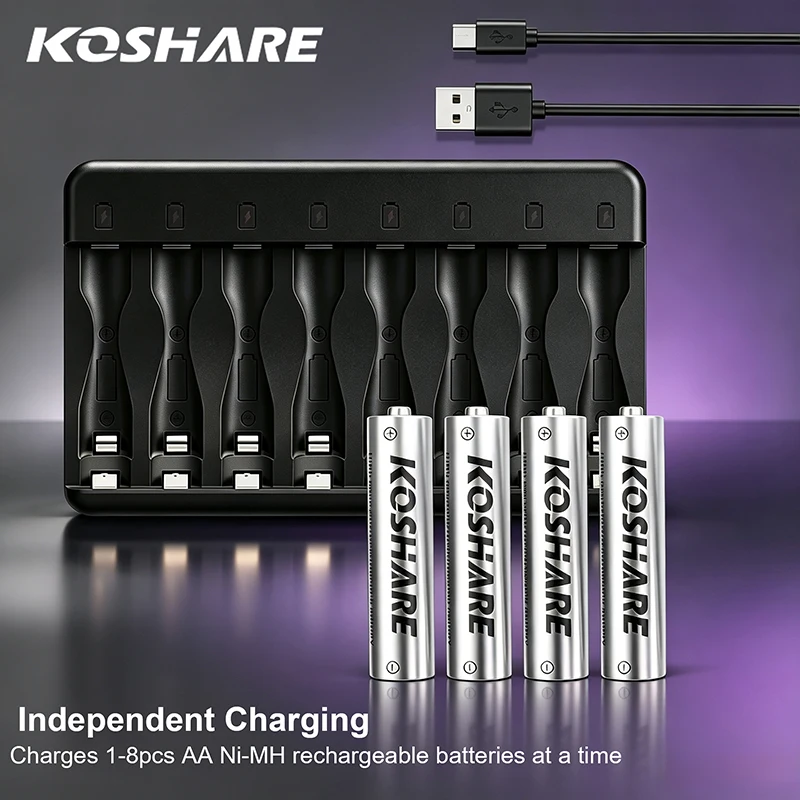 KOSHARE Rechargeable Batteries AA 1.2V 2800mAh High Capacity Ni-MH Battery With 8 Slot LED Independent Smart Battery Charger