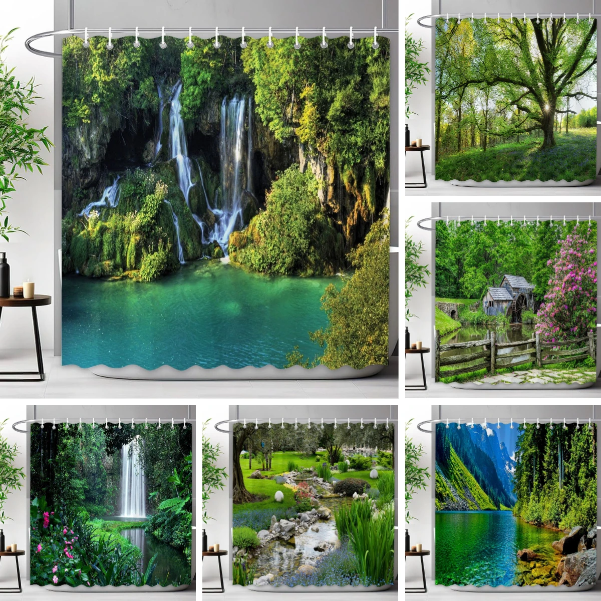 

Outdoor Scenic Forest Waterfall Shower Curtain Tropical Jungle Plants Green Leaves Natural Landscape Fabric Shower Curtain Decor