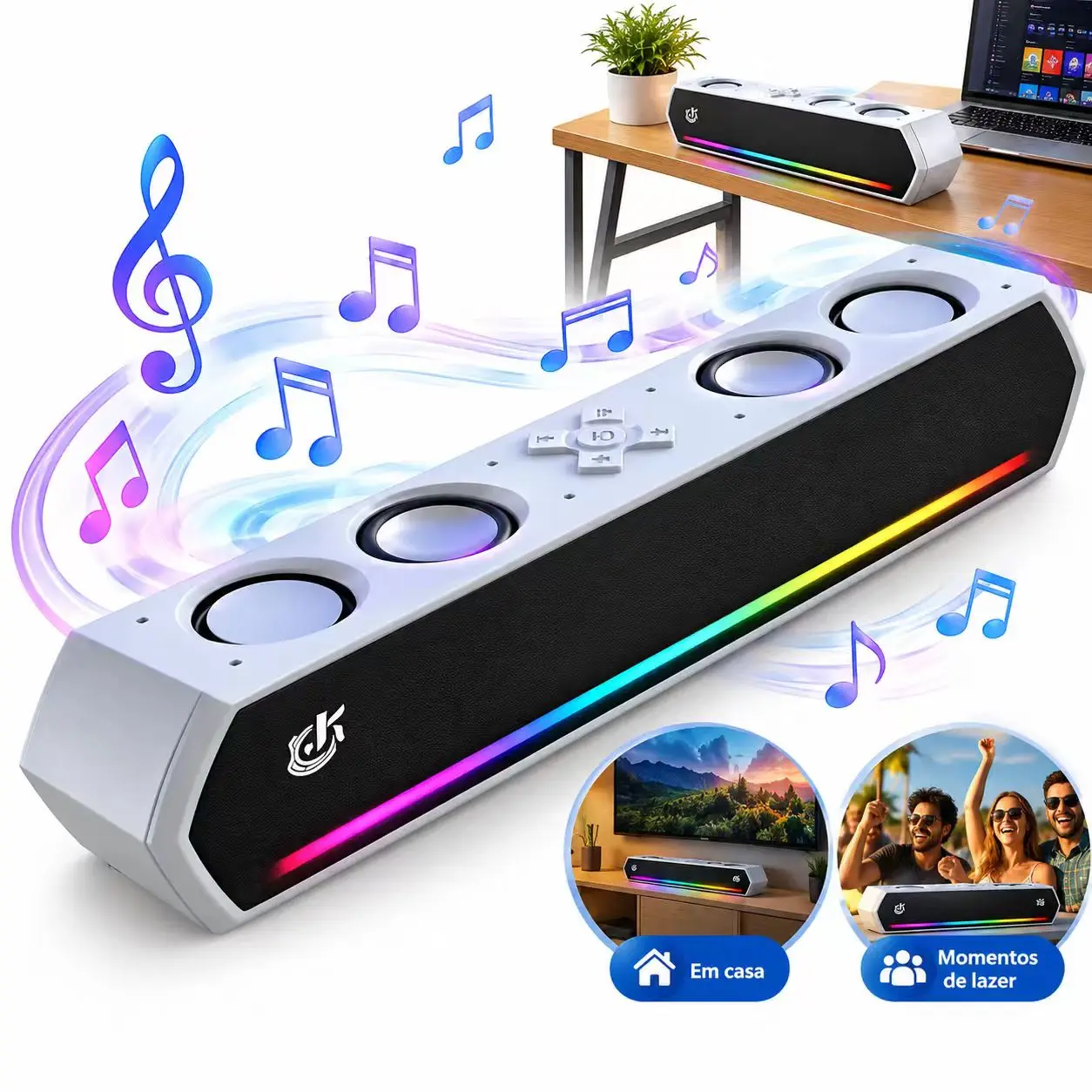 Caixa de Som Bluetooth 30W Potente com 4 Alto-falantes para TV, PC, Notebook e Computador, Compatível com Dispositivos Móveis
