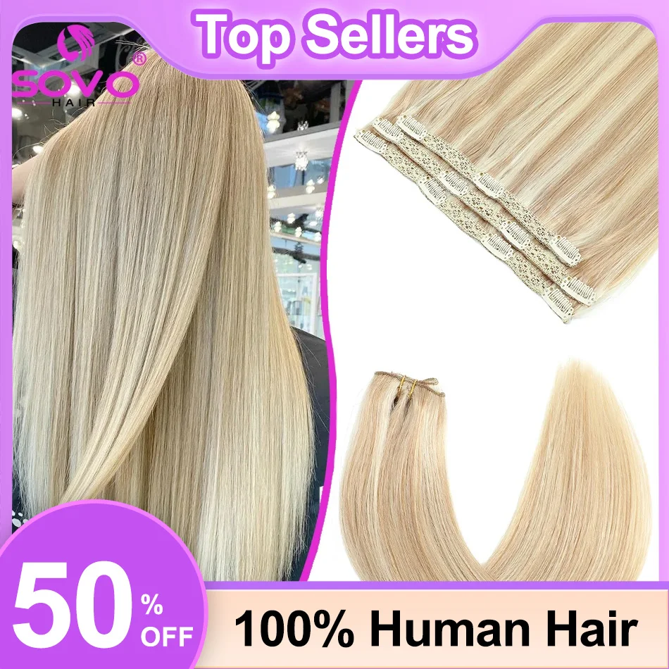 SOVO Clip In Hair Extensions Human Hair 3 Pieces Bone Straight Clip Ins Hair Extension 60-90G Real Natural European Hair 12-26