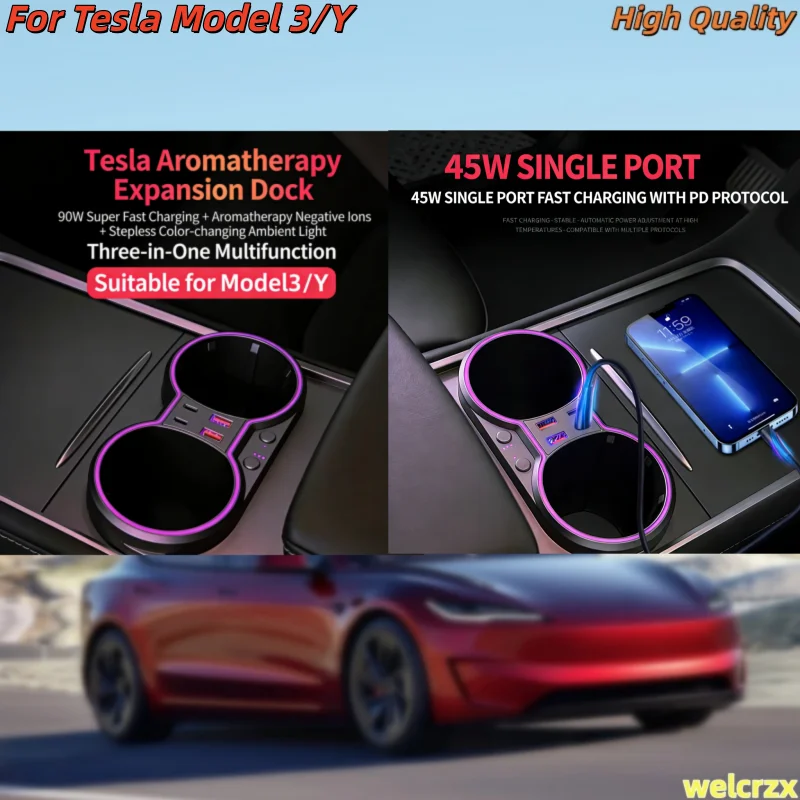 

For Tesla 2021~2024 Model Y/2021~2023 Model 3 Cup Holder Fragrance Expander, Center Console Ambient Light, Car Fast Charger
