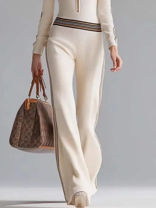 Color Block Knitted Long Sleeve Hooded Jumpsuit Women's Street Style Polyester Fiber Wide Leg Pants Casual Spring Fashion