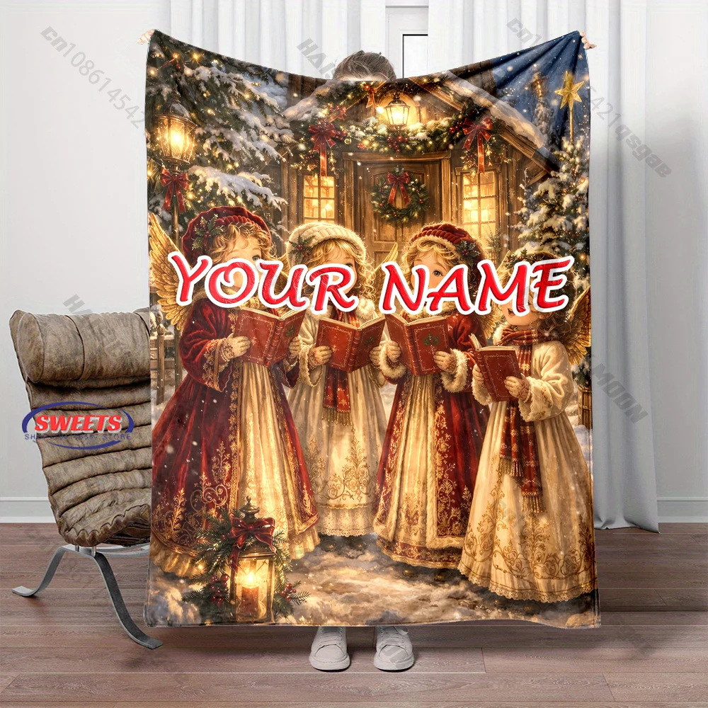 Custom Name Angel Carolers Christmas Blanket Retro Singing Angels Snow Cabin Flannel Sofa Throw Blanket, Christmas Gift