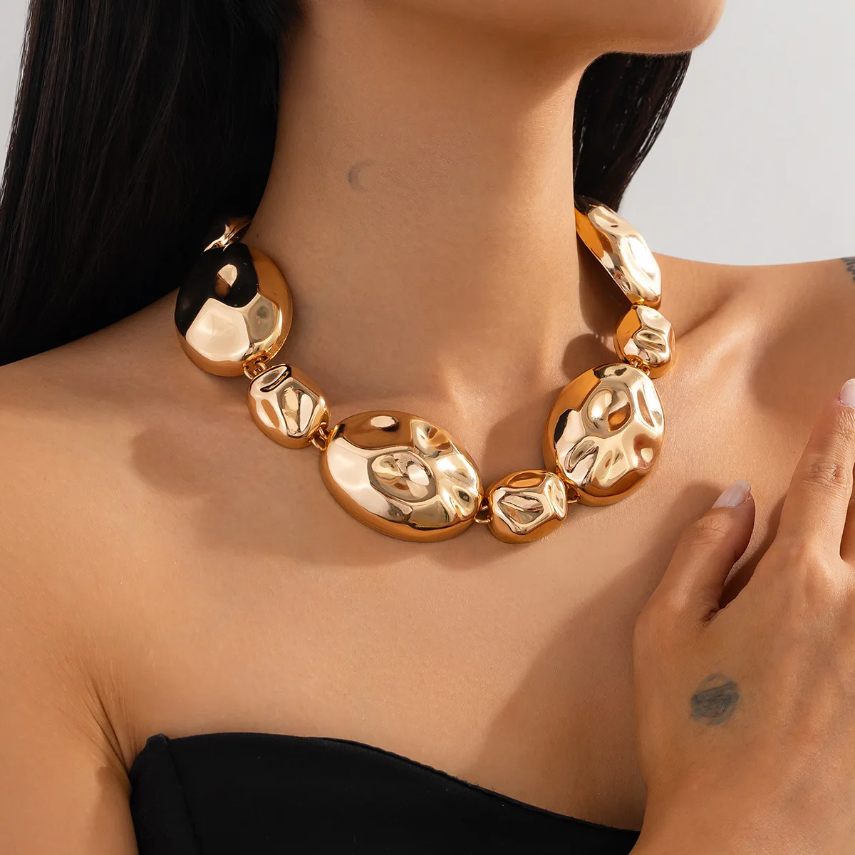 KMVEXO Vintage Choker Necklaces Earrings Set For Women Punk Irregular Glossy Metal Gold Silver Color New Hip Hop Jewelry Set