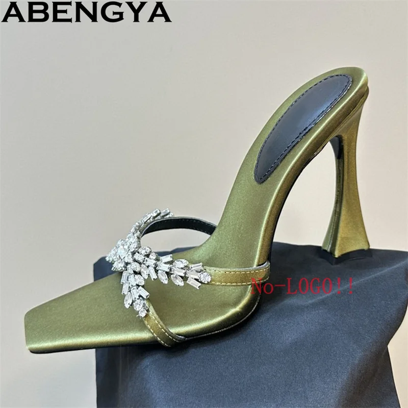 

ABENGYA Square Open Toe Thin High Heels Slippers Women Sexy Crystal Dress Party Shoes Woman Summer Rhinestone Sandalias de mujer