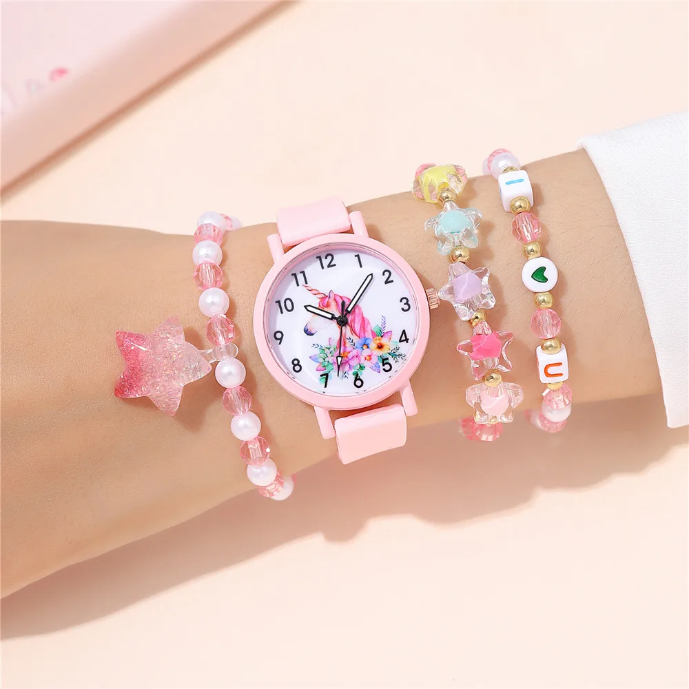 4pcs/set cute pink silicone band unicorn Children\'s watch