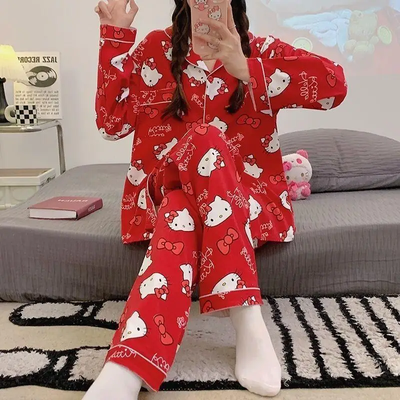 

Пижамы Sanrio Hello Kitty, хлопковые, для женщин, для дома, общежития, с милым мультяшным корейским принтом, одежда для сна, весна-осень, брюки с длинными рукавами