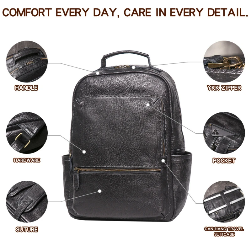 15.6 Inch Laptop Backpack Men 100% Genuine Leather Men's Backpack Free Hand Travel Knapsack Student Bookbag Daypack