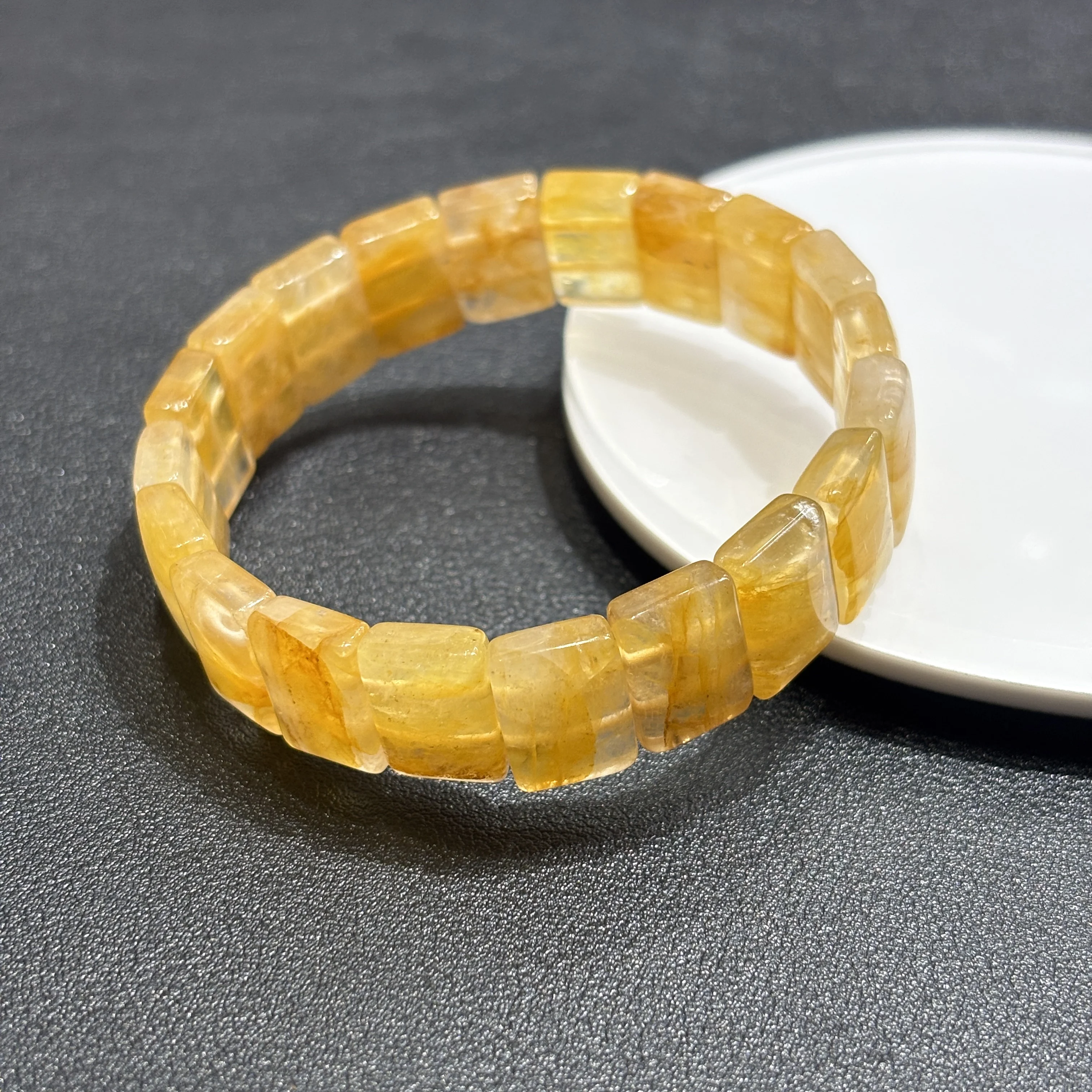 

Natural Dark-Fish Sun Flower Quartz Rectangular Tablet Bead Bracelet,Dainty Fashion Bracelet,Gift for Her,Yellow Crystal