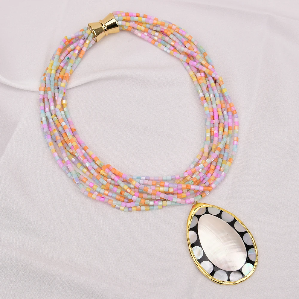 G-G 10 Rows Natural Mix Color Sea Shell Beads Necklace Shell Pearl Pendant Jewelry Gifts