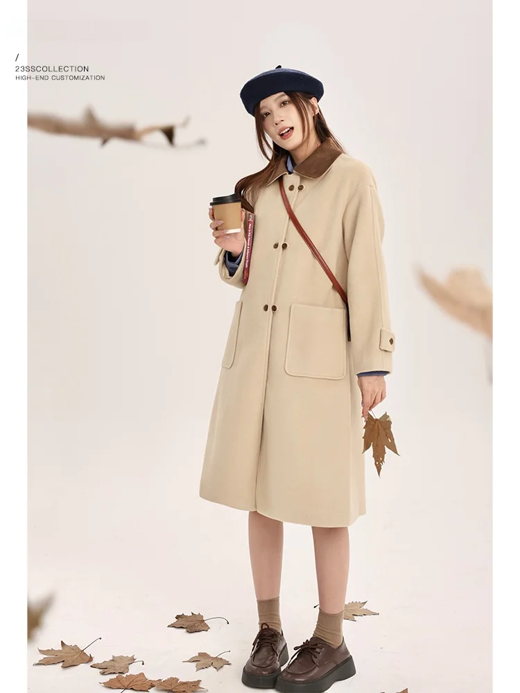

Khaki Woolen Coat Long Slimming Stand Collar Double Breasted Korean Sle Faux Fur Outerwear for Women Medium Length Coat