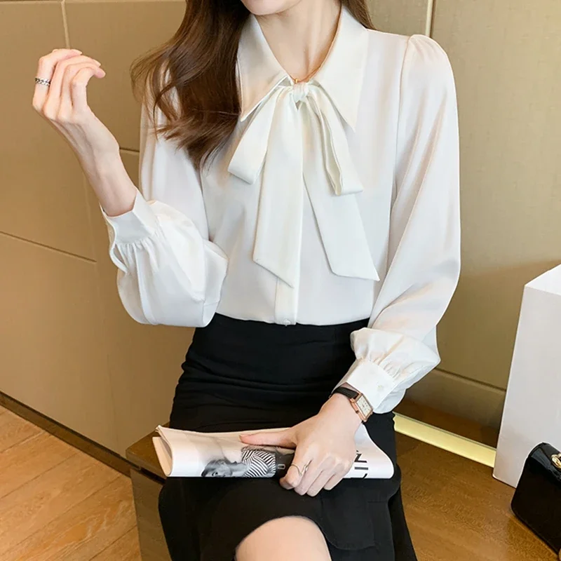 Elegant Office Chiffon Shirts Women 2024 Autumn Winter Long Sleeve Blusas Mujer Korean Style Clothing White Work Tops Blouses