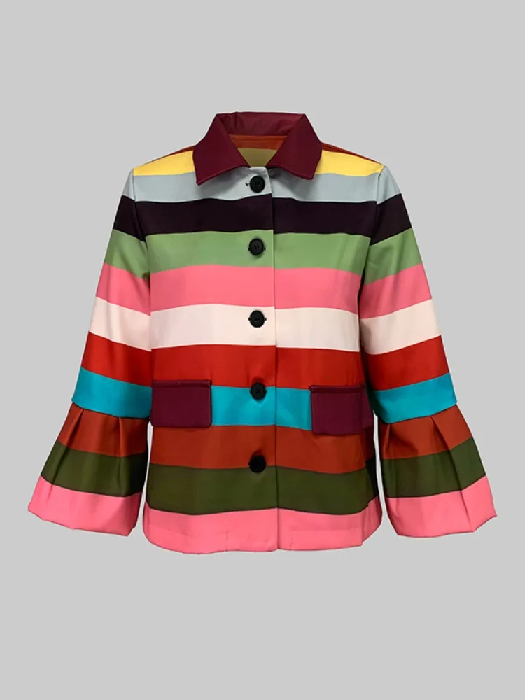 

Oshoplive Women's Trendy Colorful Striped Flared Sleeves Lapel Jackets 2025 Fall Fashion Elegant Chic Party Evening Outerwears