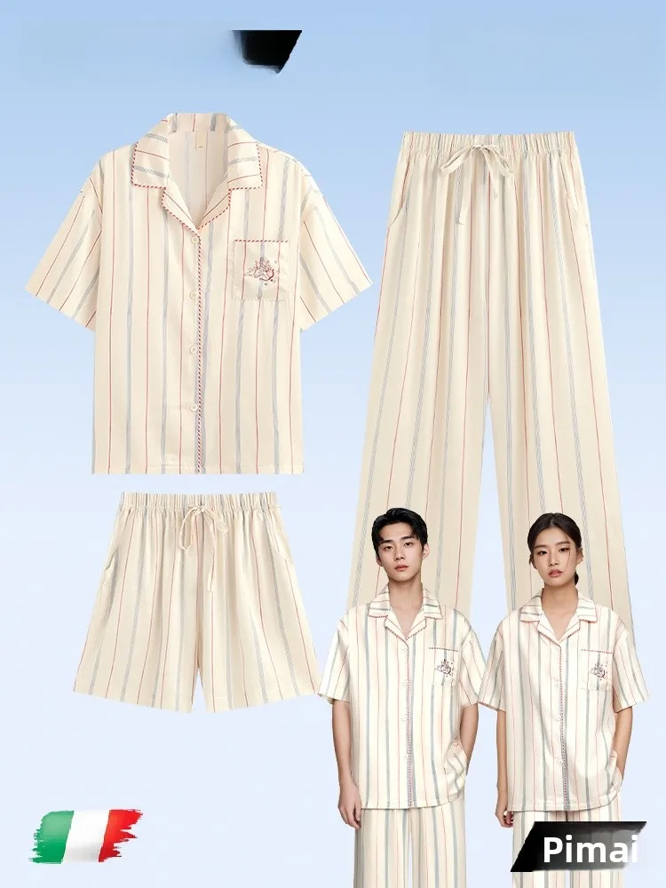 PinkBread Summer Ice Silk Sleepwear Couple's Three-Piece Set Home Clothes Soft Polyester Fiber Long Pants Short Sleeve Tops