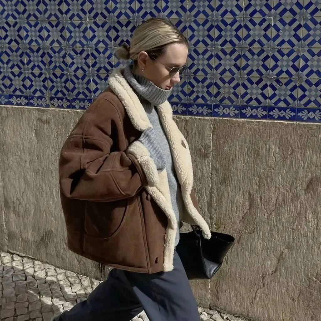 Feminino retro lapela engrossado lã de cordeiro camurça topo solto estilo casual europeu e americano moda inverno