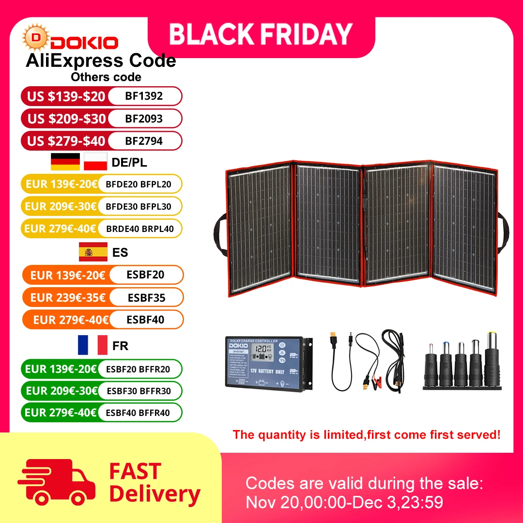Dokio Thương Hiệu Linh Hoạt Có Thể Gấp Gọn 200W(50Wx4) tấm Pin Năng Lượng Mặt Trời Mono Di Động Công Suất Tấm Pin Năng Lượng Mặt Trời Cho RV & Thuyền & Du Lịch Bảng Điều Khiển Năng Lượng Mặt Trời 200W