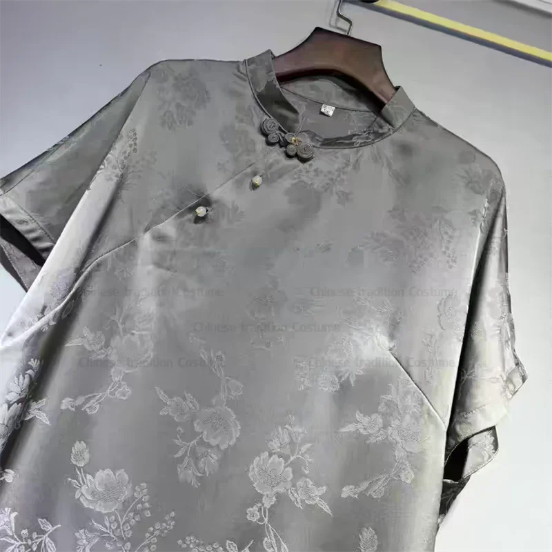 

Женская элегантная одежда Тан, топы Cheongsam, атласный топ Ципао, атласная рубашка с короткими рукавами, винтажный костюм в китайском стиле, жаккардовая блузка