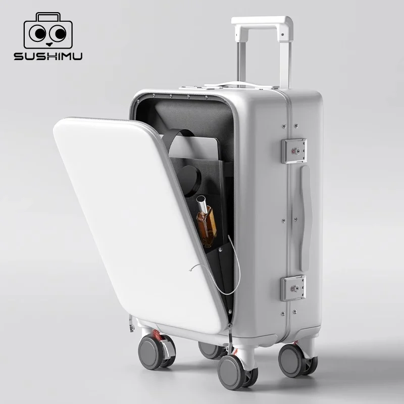 SUSHIMU Front Laptop Pocket Suitcase Wide Handle Travel Suitcase 20\'\'Carry-On Luggage Women PC Aluminum Frame Trolley Case 24\'\'