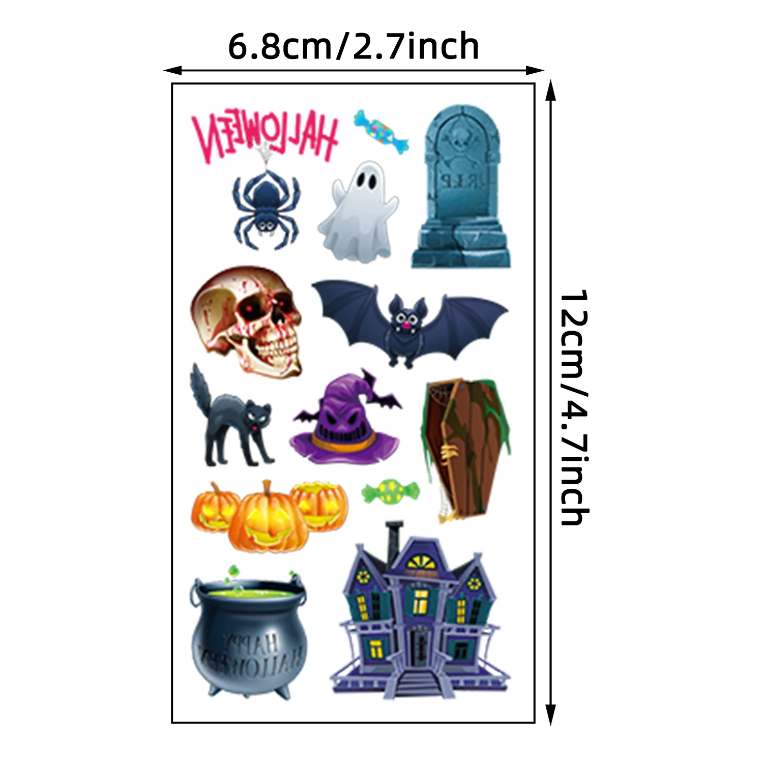 10 أوراق مكونة من 120 قطعة من ملصقات الوشم بنمط عنصر الهالوين، شبح اليقطين الخفافيش والزومبي، مقاومة للماء وواقعية