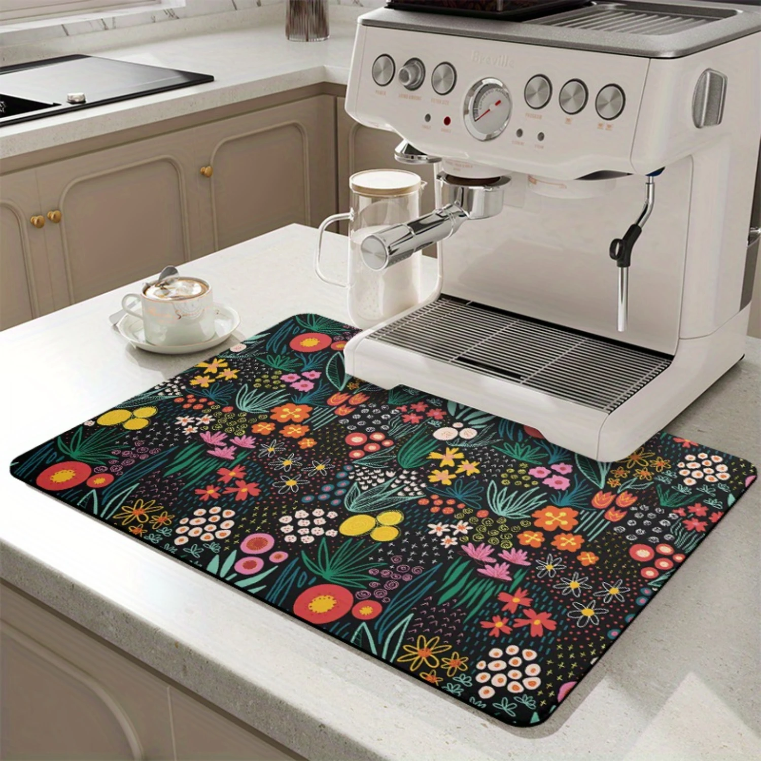 

Dish Drying Pad, Floral Pattern Coffee Machine Countertop Absorbent Pad, Washstand Drain Mat, Soft Faucet Absorbent Mat, Washsta