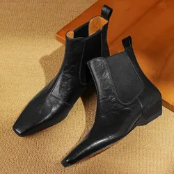 Women's sheepskin elastic slip-on autumn ankle boots square toe casual female short flats chelsea boots shoes for woman big size